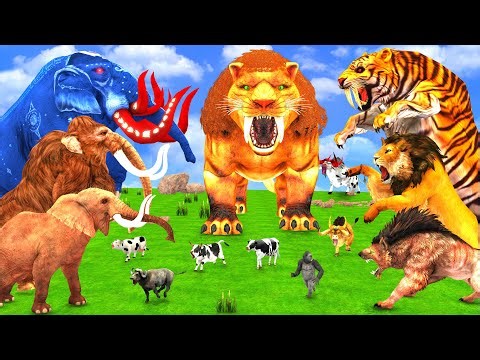 3 Giant Elephant Cow vs 5 Hybrid Monster Tiger Lion vs 5 Big Bulls Gorilla Saved by Woolly Mammoth
