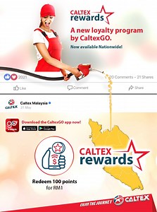 [GRAND LAUNCH] Experience Caltex Rewards, a new loyalty program by CaltexGO wherever you are nationwide! YES, YOU READ THAT RIGHT! Get rewarded everywhere as you journey on to your destination. Giler beb! Get all these benefits when you sign up:​ ✅ Earn 2 points for every litre​ ✅ Redeem 100 points for RM1​ ✅ Register and get 500 points worth RM5​ ✅ Celebrate and get 500 points on your birthday.​ Download CaltexGO app to enjoy all the Caltex Rewards privileges: bit.ly/Caltex-GO​ #CaltexMY #Calte