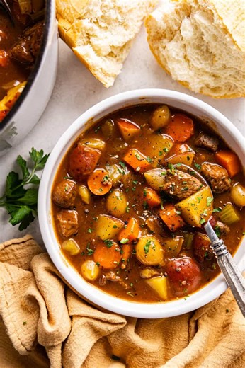 This old fashioned beef stew is slow-simmered comfort at its best—tender chunks of beef, hearty veggies, and a rich, savory broth that warms you right to the bones. https://thestayathomechef.com/old-fashioned-beef-stew/ | Recipes