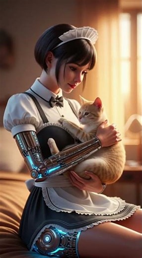 Gentle AI Maid Robot Holds a Cat Like a Baby
