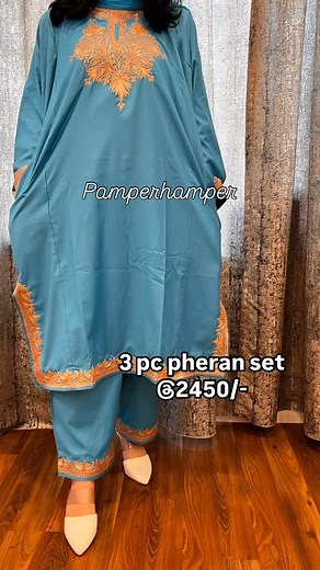 @pamper_hamper786 on Instagram: "3 pheran set Material-finest spun (pheran/bottom) Original botte tilla Half pure dued stole L-44 Bust-free as per pheran Bottom length-38 Thigh-28 @2450/- Code-sa(madd"
