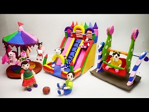 DIY How to make Miniature Polymer clay Playground set with slide,swing,Merry go round,seesaw
