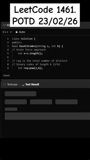 LeetCode 1461. Check If a String Contains All Binary Codes of Size K | POTD 23/02/26 #leetcode #cpp