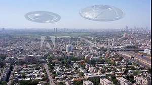 Alien Saucer Spaceships Hovering Over Large City 3D illustration Compositing with real Drone footage/ Tel Aviv,Israel. Stock Video