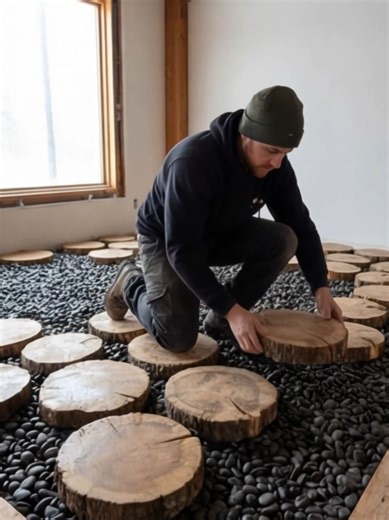 Transforming Wood and Pebbles into a Stunning Mirror Floor