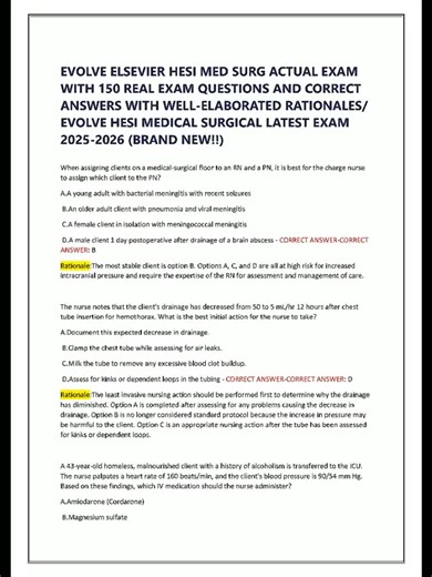 Dominate your **Evolve Elsevier HESI Medical-Surgical Nursing** exam with this *high-yield, up-to-date* video featuring **150 real exam-style questions**, **100% correct answers**, and **well-elaborated, NCLEX-focused rationales** that build true clinical reasoning! 🩺📘 From managing sepsis, heart failure, and diabetic ketoacidosis to prioritizing post-op care, interpreting ABGs, recognizing complications like pulmonary embolism or compartment syndrome, and applying safety protocols—you’ll mast