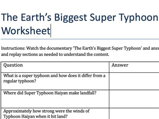 Typhoon Haiyan Documentary question worksheet | Teaching Resources