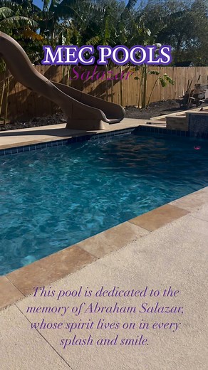 In Memory of Abraham Salazar This pool was lovingly built at cost for his wife, Elizabeth, and their children — a tribute to the love and legacy he left behind. It features a beautiful waterfall and slide crafted from stone and splitface, 3cm travertine coping, and a tanning ledge with bubblers and LED lighting — a place for family to gather, laugh, and remember. #mecpools #corpuschristipools #BackyardGoals #outdoorliving #buildingmemories #LuxuryPools #𝓛𝓲𝓯𝓮 | MEC Pools