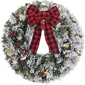 Christmas Wreaths for Front Door, DECSPAS 24 Inch 2 FT Prelit Snowy Flocked Christmas Wreath with Timer 30 LED Lights Bow Red Berries Pine Cone, Xmas Wall Windows Decorations Home Decor Outdoor Indoor