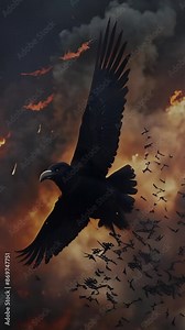 Vertical Raven Flying in Dark Clouds and Fire 4K Loop features an A.I. generated video of a raven flying in the sky from a ground viewpoint with black smoke and fire in the sky in a vertical ratio.