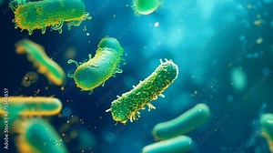 A detailed close-up of bacteria seen under a microscope, set against a blue background. The image highlights the intricate structure of the microorganisms. The mood is scientific and focused.