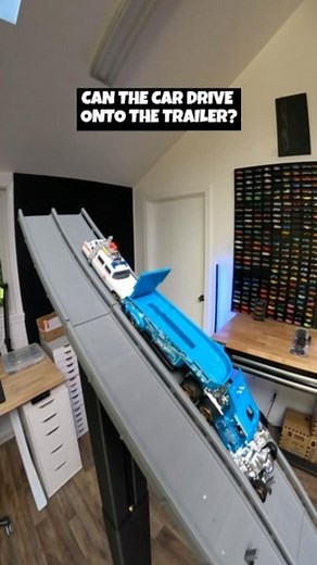 Tiny Track Cars | Can the car drive up on to the semi while going down the track? #hotwheels #diecastracing | Instagram