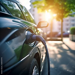 Close up details of future technology, electric car charging from charging station. EV car charging