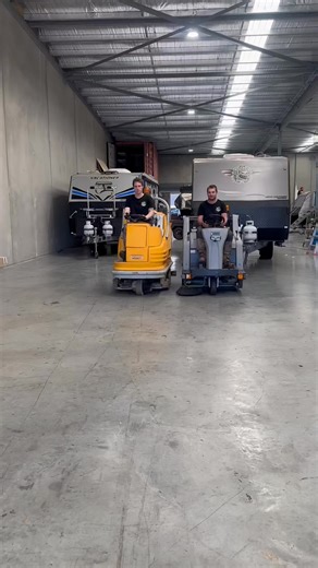 First thing we do when the new floor cleaning machine arrives, sweeper vs scrubber - who will win ? | Affordable Caravans - Service & Repairs