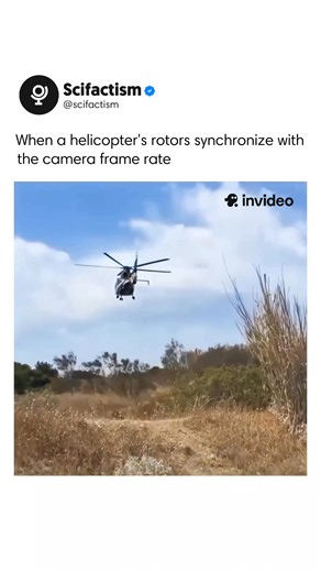 Scifactism on Instagram: "When a camera’s frame rate matches the rotational speed of helicopter blades, a striking visual illusion can occur. The rotor may appear to freeze, spin slowly, or even rotate backward. This happens because each frame captures the blades in nearly the same position, producing a strobing or aliasing effect. This phenomenon is similar to the “wagon-wheel effect” seen in old films. In reality, the blades continue moving at full speed. It’s the interaction between the camer