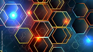 Abstract hexagonal pattern with glowing neon edges in a dark, futuristic design, representing technology and innovation.