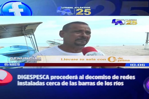 La Dirección General de Pesca y Acuicultura (DIGESPESCA) anunció que se procederá al decomiso de material tipo redes que sea instalado cerca de las barras de los ríos, en cumplimiento con las normativas que regulan la actividad pesquera. Las autoridades señalaron que estas acciones buscan proteger los ecosistemas acuáticos y evitar la pesca ilegal en zonas no autorizadas. También hicieron un llamado a los pescadores a respetar las regulaciones establecidas para garantizar la sostenibilidad de lo
