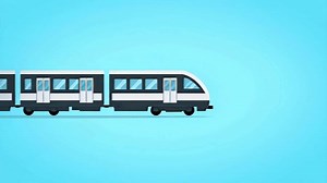 Modern Train Moving Across a Bright Blue Background.