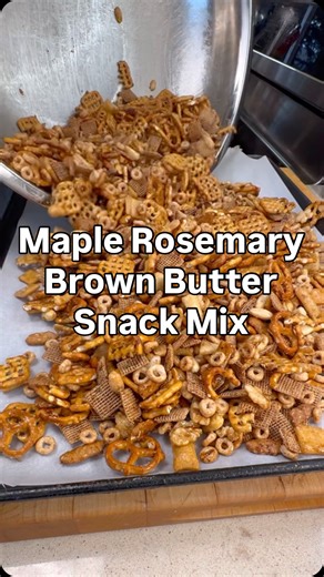 Maple–Rosemary Brown Butter Snack Mix Dry Mix 3 cups mini pretzels 2 cups rice or corn Chex 1 cup toasted oat cereal (like Cheerios) 1 cup roasted almonds 1 cup pecans or walnuts 1 cup sesame sticks or bagel chips, roughly broken Coating ½ cup butter 2 tbsp maple syrup 1 tbsp brown sugar 1 tbsp soy sauce (or tamari) 1 tsp Worcestershire sauce 1 tsp Dijon mustard 1½ tsp fresh rosemary, finely chopped ½ tsp smoked paprika ¼ tsp cayenne Flaky sea salt to finish Instructions Preheat oven to 300°F (1