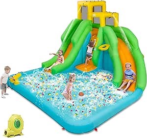 HONEY JOY Inflatable Water Slide, 6 in 1 Kids Bouncer Water Park w/Climbing Wall & 2 Long Slides, Splash Pool, Water Cannons, Indoor Outdoor Blow Up Water Slides for Backyard(with 480W Blower)