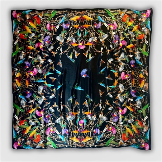 Large Crepe Satin Silk Scarf | Black Tropical Bird Print - Etsy