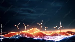 Renewable energy visualization with 3D rendering of wind turbines over a dynamic landscape