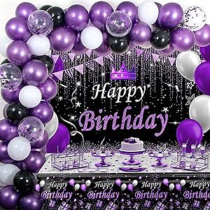 Purple and Black Party Decorations for Women, Purple Birthday Decorations for Girls Men with Purple Black Happy Birthday Backdrop Tablecloth Confetti Balloons Arch, Purple Party Supplies