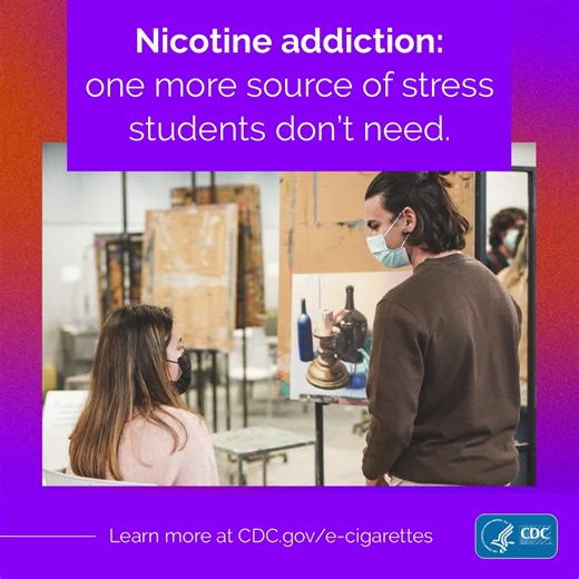 15 shares | Nicotine addiction is a source of stress. Help students choose positive coping skills like exercise & arts instead of vaping. cdc.gov/e-cigarettes | CDC Tobacco Free | Facebook