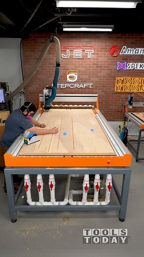 Cutting the remaining 3 sheets of the kitchen island cabinet project on the Stepcraft Q.408 4'x8' CNC machine starting with the Amana Tool 201005 5mm Boring bit all available from @toolstoday. - - - - - - - #TeamTOOLSTODAY - - - - - - - I then switched out for the 46203-K 3/8" Spektra coated downcut bit to cut the pockets for the dados. After that was done cutting I switched out for the 46172-K 3/8" Spektra coated compression bit to cut all of the profiles in a single pass. - - - - - - - RPM: 18