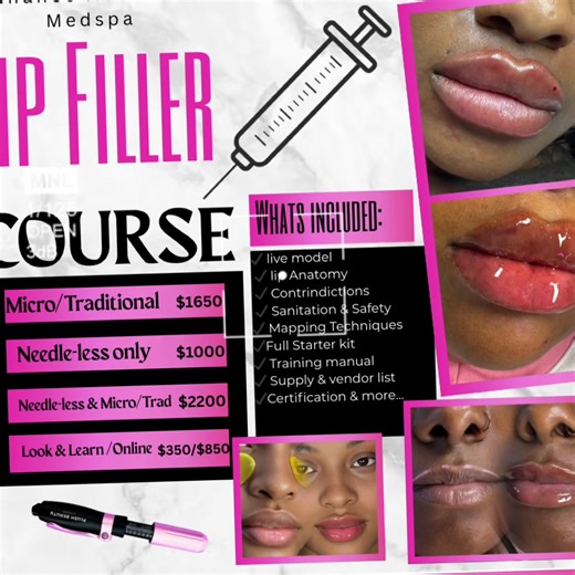 Unlock Your Potential in Aesthetic Medicine! Join our comprehensive Medspa Course to elevate your skills and expertise in aesthetic treatments! Choose the program that suits you best: Course Offerings: - Micro/Traditional Techniques: $1,650 - Needle-less Treatments: $1,000 - Combo: Needle-less & Micro/Traditional: $2,200 - Look & Learn / Online: $350 /$850 What's Included: - Hands-on training with a live model - In-depth lip anatomy lessons - Guidelines on contraindications - Sanitation and safe