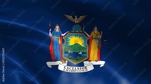 New York State flag with official seal featuring Excelsior motto representing the Empire State for patriotic or governmental use