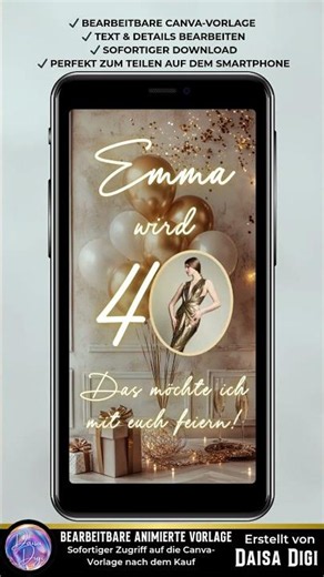 40. Geburtstag Video Einladung Gold Beige | Elegante Canva Einladung