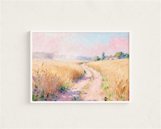 Soft Pastel Meadow Painting - Pastoral Summer Landscape Art, Cottagecore Pastel Painting, Serene Golden Nature Trail, Digital Download H2 - Etsy