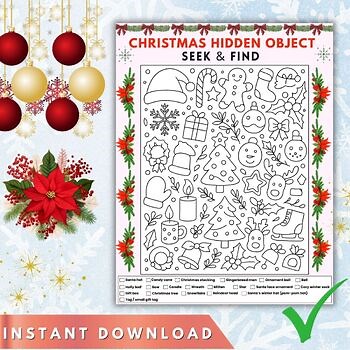 Christmas Hidden Object Seek & Find | Holiday Printable Worksheet for Kids