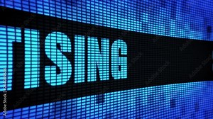 SMS Advertising Side Text Scrolling on Light Blue Digital LED Display Board Pixel Light Screen Looped Animation 4K Background. Sign Board, Blinking Light, Pixel Monitor, LED Wall Pannel