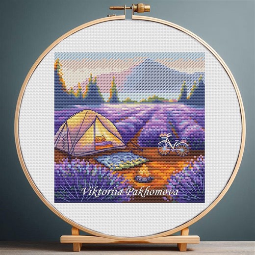 Lavender Camping Cross Stitch Pattern: Floral Mountain Landscape Colorful Design, Digital Download - Etsy