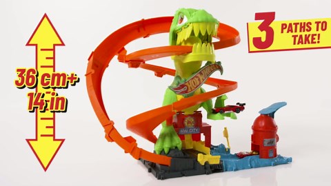 Hot Wheels Toy Car Track Set, City T-Rex Blaze Battle Playset & 1:64 Scale Die-Cast Vehicle, 18” Tall, Multiple Race Outcomes, Spinning Dinosaur Eyes