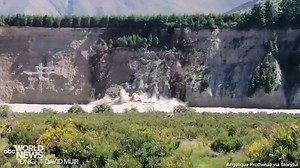 CLIFF COLLAPSE: New video shows a massive chunk of a cliff fall into the Rangitata River in New Zealand, with the landslide triggered by days of intense rainfall across the country’s South Island. https://abcn.ws/38lxKjC | ABC World News Tonight with David Muir