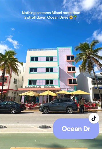 Love strolling down Ocean Drive — the art deco buildings, pastel colors, palm trees, and people-watching never get old ☀️ It runs right along the ocean in South Beach, between 1st Street and 15th Street, by Lummus Park, with tons of iconic hotels and restaurants, so there’s always something going on! 🤩 #miamibeach #southbeach #oceandrive #welcometomiami #thingstodoinmiami