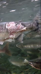 A mesmerizing underwater scene with a school of salmon gracefully swimming together in pristine waters, illustrating their innate behaviors and interactions in their natural habitat
