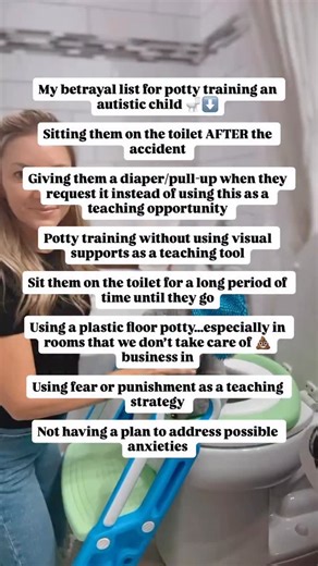 After helping over 1,000 families potty train their autistic child, here is a list of a few strategies I would AVOID 🚽💩⬇️ •Sitting them on the toilet AFTER the accident •Giving them a diaper/pull-up when they request it instead of using this as a teaching opportunity •Potty training without using visual supports as a teaching tool •Sit them on the toilet for a long period of time until they go •Using a plastic floor potty…especially in rooms that we don’t take care of 💩business in •Using fear