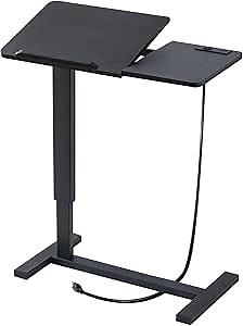 Adjustable Overbed Table with Wheels Pneumatic Hospital Bed Table with Charging Station Mobile Standing Desk with Tiltable Tabletop (Black)