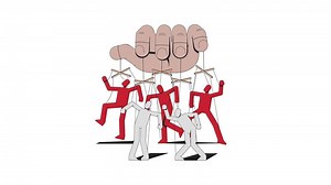 Controlling hand manipulating puppets 2D animation. Authority dominance. Puppeteer pulling marionettes strings animated cartoon arm human body part 4K isolated on white transparent