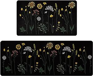Rempry Colorful Floral Kitchen Mat for Floor, Non Slip Kitchen Rugs and Mat Set of 2, Waterproof Cushioned Anti Fatigue Kitchen Mat, 17"x47"+17"x29", Black
