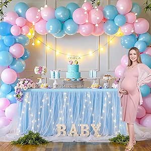 Blue Tulle Tutu Table Skirt for Rectangle Tables or Round Tables,Led Light String Table Cloth for Boys Girls Baby Shower Baby Shark Themed Party Dessert/Cake Tables
