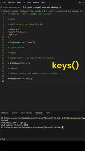 27. get() keys() and values() in Python 🔑 Lesson 21 #shorts
