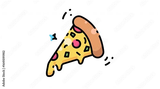 Animated pizza slice icon against a transparent background featuring yellow cheese, pink pepperoni, and green peppers. The pizza drips with melted cheese and a small blue star sparkles nearby