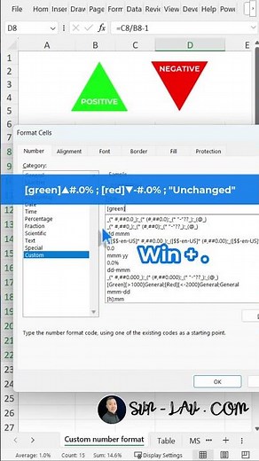 Excel - Add Red and Green Arrows by using custom number formatting