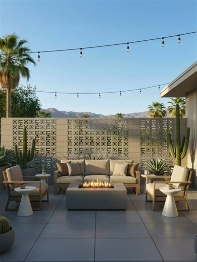 Sunlight doing the design work. High Beam and Low Beam Breeze Blocks on a Scottsdale patio, shown here in Grey. Available in White, Grey, and Taupe. Designed by Karin Jeske for Tesselle. #DesignTok #BreezeBlocks #OutdoorLiving #ScottsdaleDesign #ModernPatio