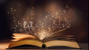 Open book with letters falling into the pages. Looped animation with flying particles and magic light.